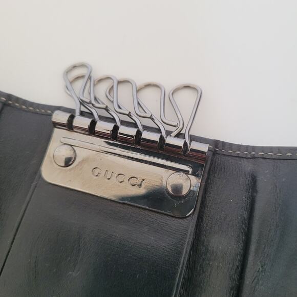 Gucci Logo Plate Key Holder Wallet Case Leather Small Unisex Black Trifold - Picture 5 of 10